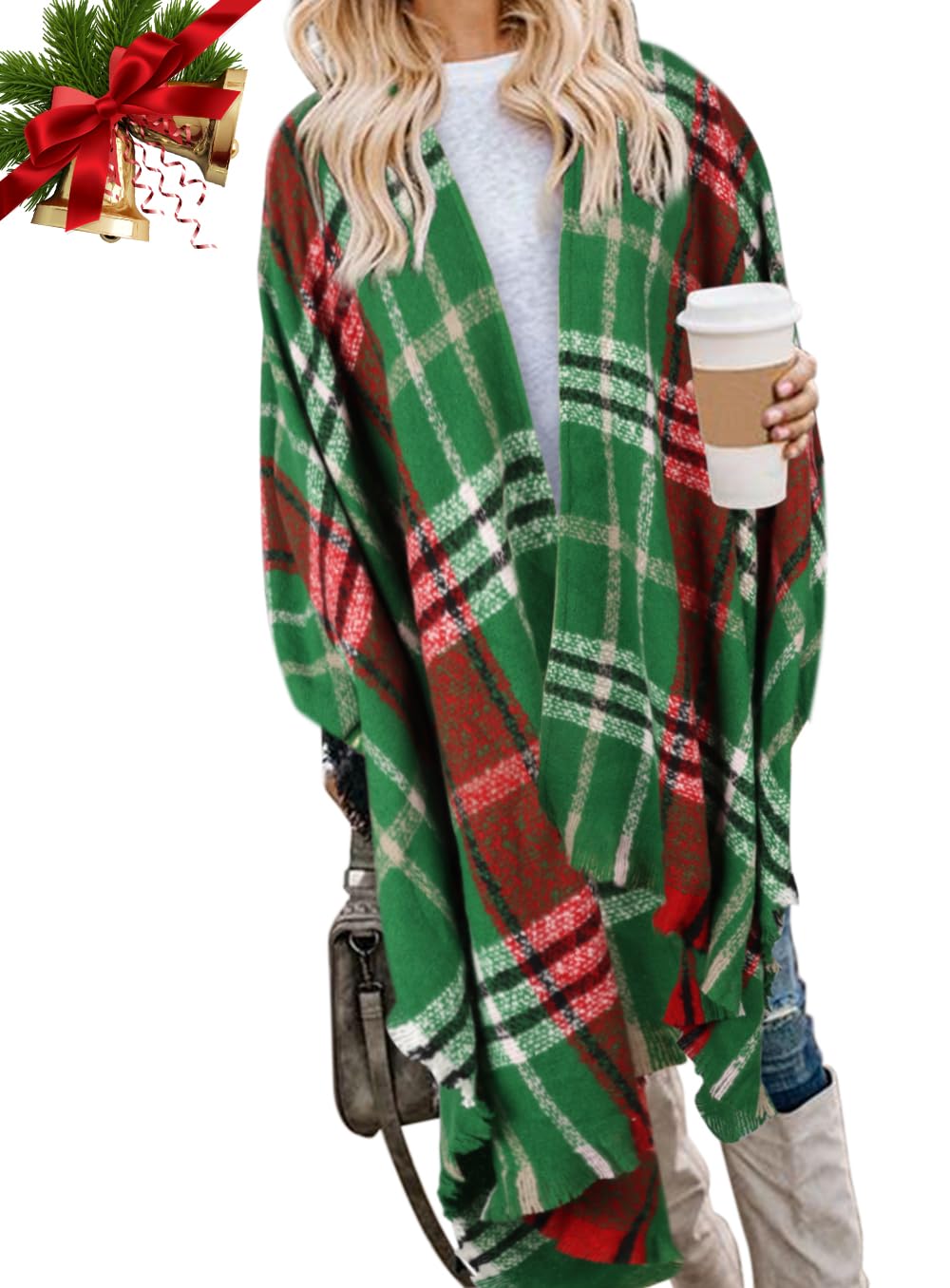 Bestshe Women's Boho Open Front Poncho Knitted Plaid Shawl Wrap Cape Tassel Cardigan Sweater