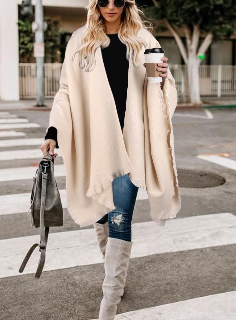 Bestshe Women's Boho Open Front Poncho Knitted Plaid Shawl Wrap Cape Tassel Cardigan Sweater