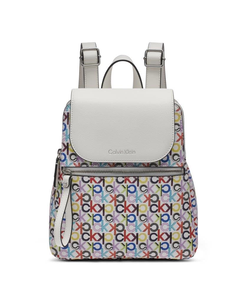 Calvin Klein Women's Elaine Signature Key Item Flap Backpack, Brown/Khaki/Luggage Saffiano, One Size