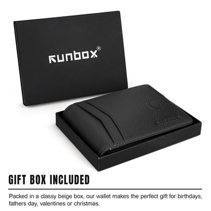 RUNBOX Wallet for Men Slim Rfid Leather 2 ID Window With Gift Box