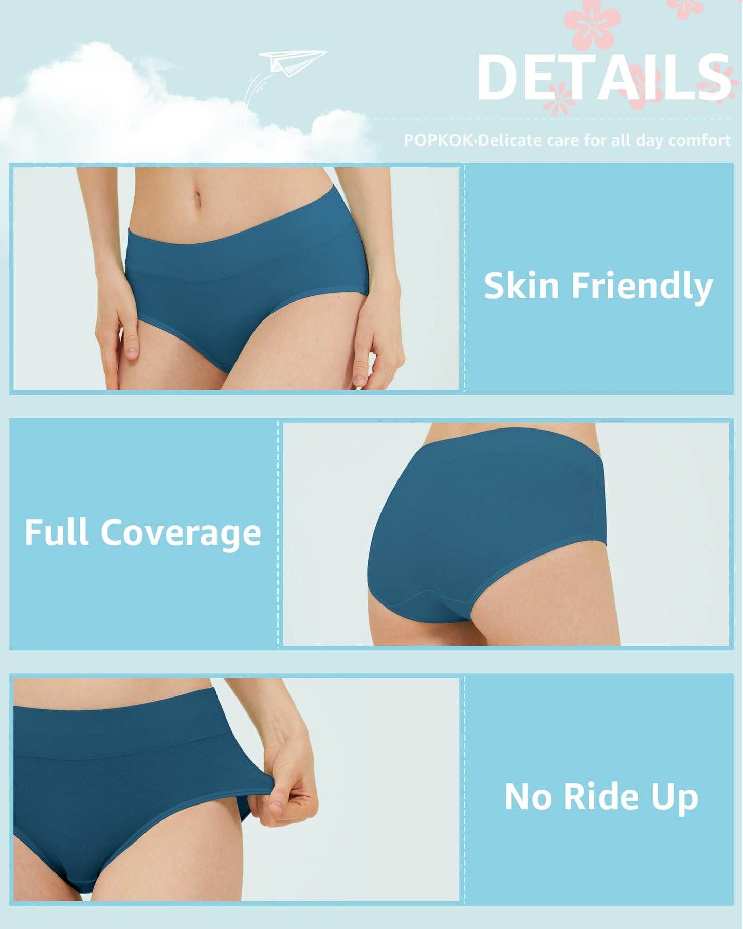 POPKOK Teen Girls Cotton Underwear Mid Waist Brief Panties 6 pack