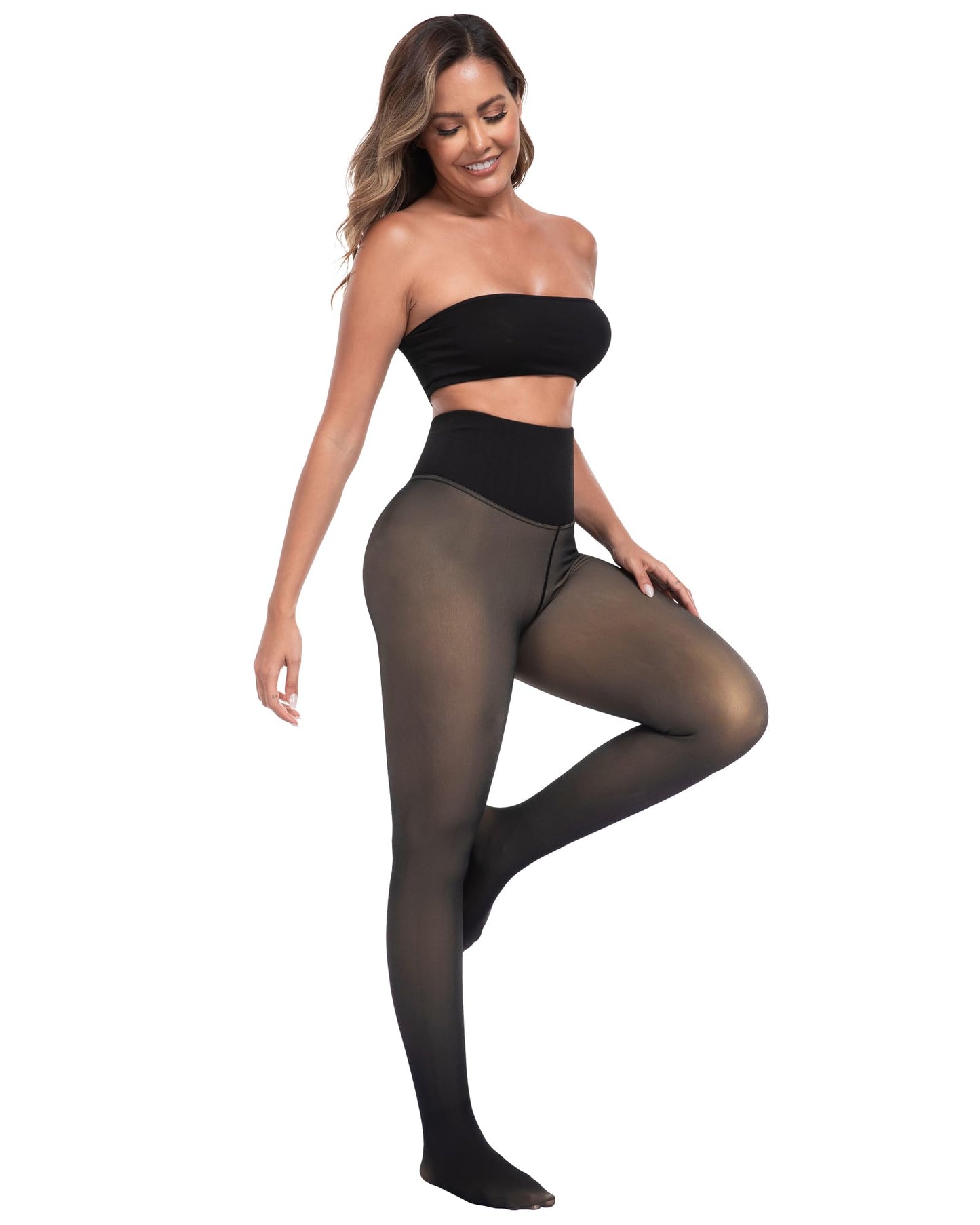 CHRLEISURE Women's Fleece Lined Tights - Fake Sheer Warm Pantyhose Thick Winter Leggings