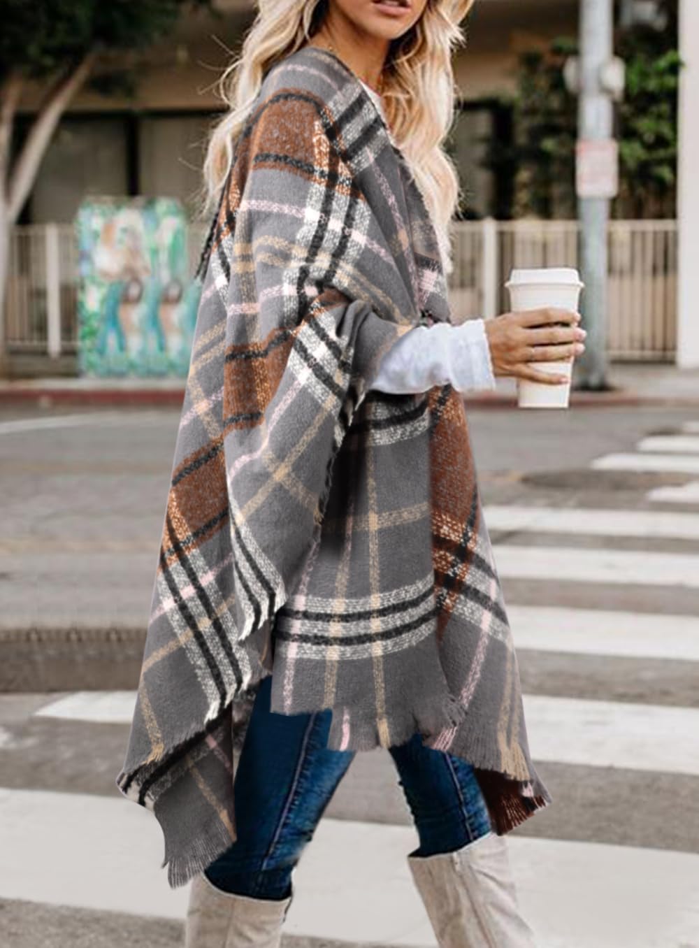 Bestshe Women's Boho Open Front Poncho Knitted Plaid Shawl Wrap Cape Tassel Cardigan Sweater