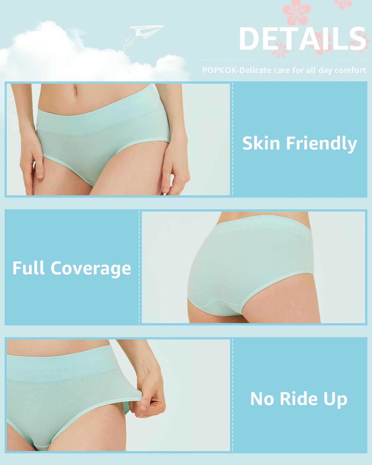 POPKOK Teen Girls Cotton Underwear Mid Waist Brief Panties 6 pack