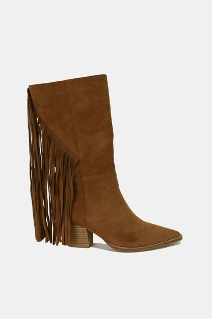 Beast Fashion Suede Fringe Point Toe Boots Coffee / 6 Coffee / 6.5 