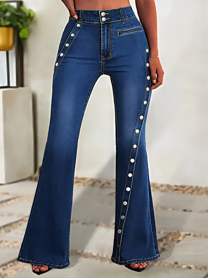 Vintage Style Plus Size Flared Jeans for Women, High Waist Denim with Button Detail Bell Bottoms