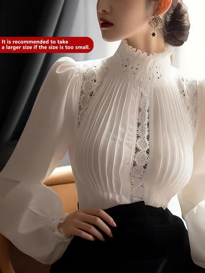 [Elegant Hollow Puff Sleeves Shirt] Fashion Women'S Shirt T-shirt Advanced Sense Of Luxury Elegant Fashion White Hollow Puff Sleeves Ruffled Turtleneck Shirt Top Female Design Sense.