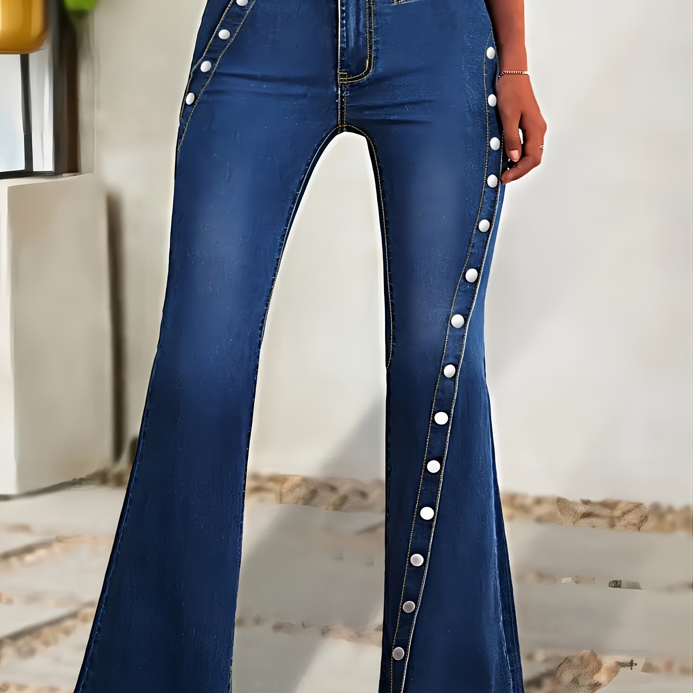 Vintage Style Plus Size Flared Jeans for Women, High Waist Denim with Button Detail Bell Bottoms