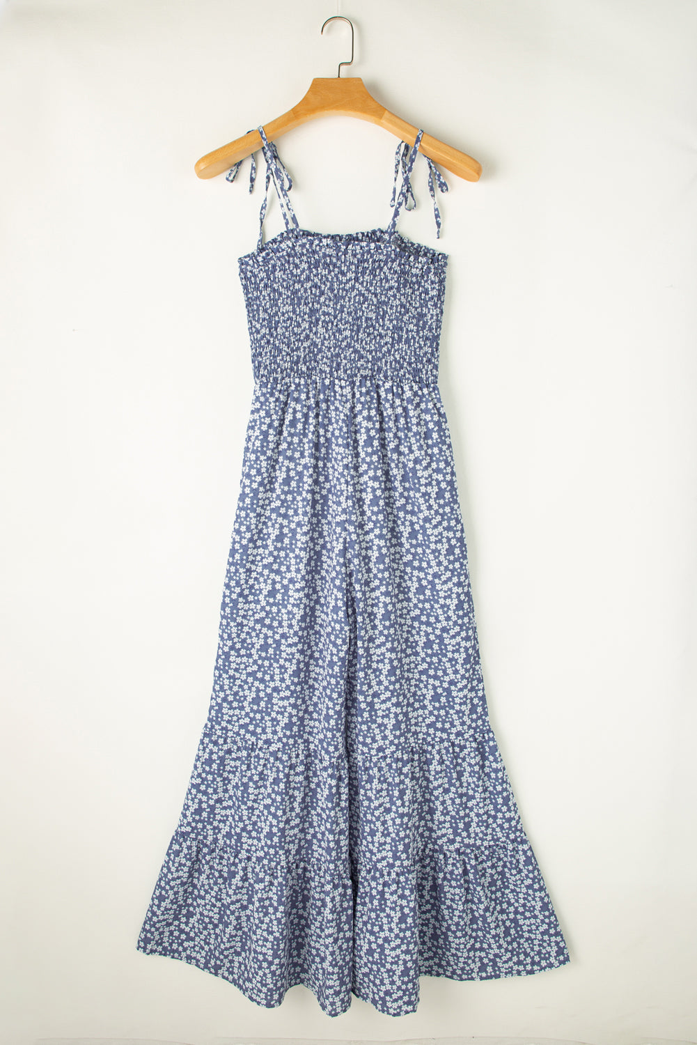 Dusk Blue Floral Print Spaghetti Straps Smocked Wide Leg Jumpsuit