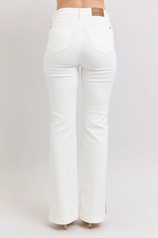Judy Blue Full Size High Waist Side Slit Slim Bootcut Jeans Plus Size WHT / 14W WHT / 11(30) WHT / 0(24) WHT / 14W-WHT / 11(30)-WHT / 0(24)-WHT / 1(25)-WHT / 3(26)-WHT / 5(27)-WHT / 7(28)-WHT / 9(29)-WHT / 13(31)-WHT / 15(32)-WHT / 16W-WHT / 18W-WHT / 20W-WHT / 22W-WHT / 24W-