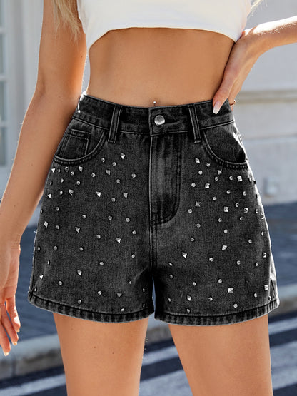 Rhinestone Washed High Waist Denim Shorts Black / S Medium / 2XL Black / M Black / S-Medium / 2XL-Black / M-Black / L-Black / XL-Black / 2XL-Medium / S-Medium / M-Medium / L-Medium / XL-