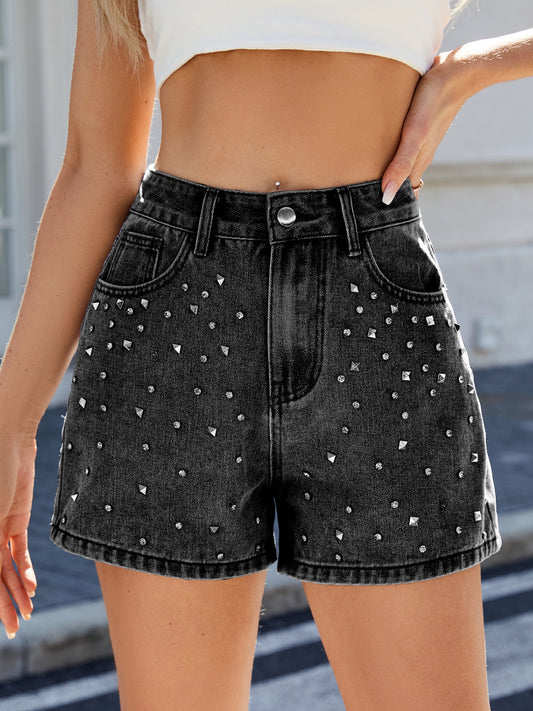 Rhinestone Washed High Waist Denim Shorts Black / S Medium / 2XL Black / M Black / S-Medium / 2XL-Black / M-Black / L-Black / XL-Black / 2XL-Medium / S-Medium / M-Medium / L-Medium / XL-