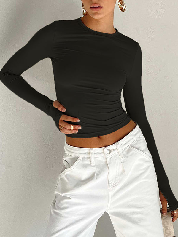Chic & Versatile: Long Sleeve Skinny Hollow Solid Color Round Neck T-Shirt RED / S RED / M RED / L RED / S-RED / M-RED / L-PINK / S-PINK / M-PINK / L-BLUE / S-BLUE / M-BLUE / L-WHITE / S-WHITE / M-WHITE / L-GREEN / S-GREEN / M-GREEN / L-BROWN / S-BROWN / M-BROWN / L-BLACK / S-BLACK / M-BLACK / L-ORANGE / S-ORANGE / M-ORANGE / L-