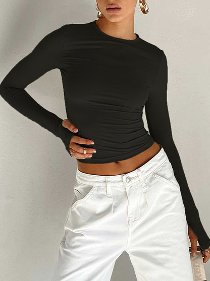Chic & Versatile: Long Sleeve Skinny Hollow Solid Color Round Neck T-Shirt RED / S RED / M RED / L RED / S-RED / M-RED / L-PINK / S-PINK / M-PINK / L-BLUE / S-BLUE / M-BLUE / L-WHITE / S-WHITE / M-WHITE / L-GREEN / S-GREEN / M-GREEN / L-BROWN / S-BROWN / M-BROWN / L-BLACK / S-BLACK / M-BLACK / L-ORANGE / S-ORANGE / M-ORANGE / L-
