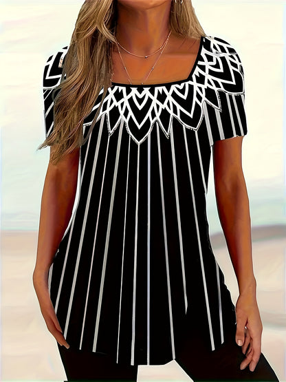 Women's Summer Casual T-Shirt | Black & White Striped Pattern | Square Neckline | Polyester-Elastane Blend | Medium Elasticity | Machine Washable | Short Sleeve Top for Daily Wear