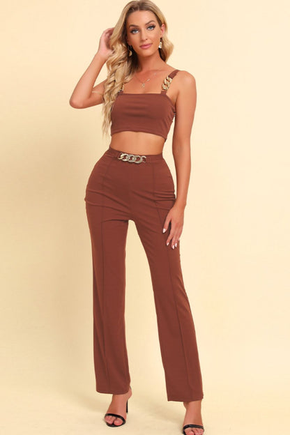 Chain Detail Cropped Cami and Straight Leg Pants Set Caramel / S Caramel / M Caramel / L Caramel / S-Caramel / M-Caramel / L-Black / M-Black / S-Black / L-