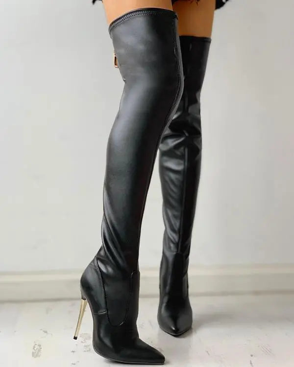 Allure Stiletto: Zipper Knee-High Thin Heel Boots with Pointed Toe black / US6 black / US7 