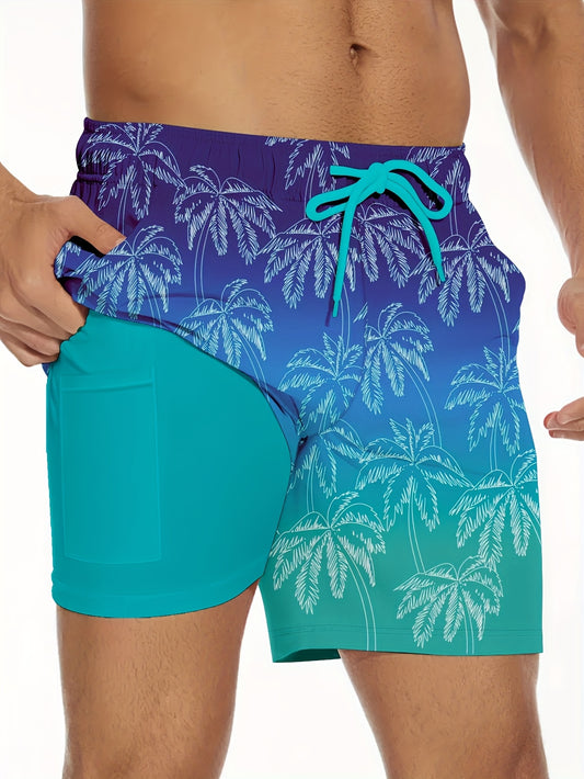 Lightweight Quick-Dry Men's Swim Trunks | Tropical Coconut Tree Ombre Design, Compression Liner, Drawstring Waist, Side Pockets, Vibrant Blue to Purple