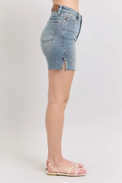 Judy Blue High Waist Vintage Wash Side Slit Denim Shorts MD / L MD / S MD / M MD / L-MD / S-MD / M-MD / 1XL-MD / 2XL-MD / 3XL-
