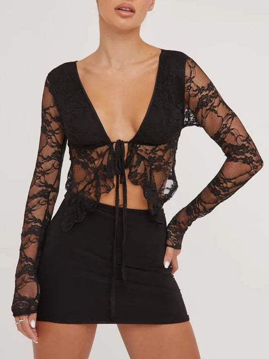 Tied Plunge Long Sleeve Lace Cropped Shirt Black / S Black / M Black / L Black / S-Black / M-Black / L-