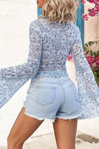Printed Mock Neck Long Sleeve Blouse Light Blue / L Light Blue / XL Light Blue / M Light Blue / L-Light Blue / XL-Light Blue / M-Light Blue / S-