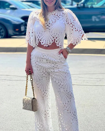 2 Pieces Outfit Lace Hollow Out Crop Top and Casual Slim Fit Straight Leg Pants Set white / S(4) white / M(6) white / L(8-10) white / S(4)-white / M(6)-white / L(8-10)-white / XL(12)-