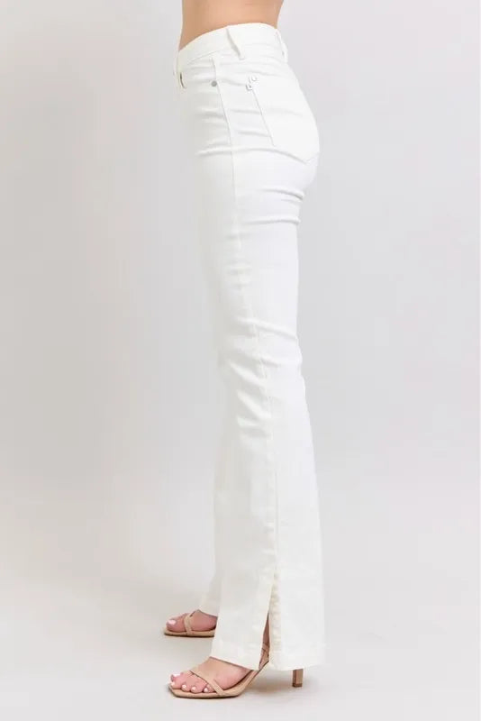 Judy Blue Full Size High Waist Side Slit Slim Bootcut Jeans Plus Size WHT / 14W WHT / 11(30) WHT / 0(24) WHT / 14W-WHT / 11(30)-WHT / 0(24)-WHT / 1(25)-WHT / 3(26)-WHT / 5(27)-WHT / 7(28)-WHT / 9(29)-WHT / 13(31)-WHT / 15(32)-WHT / 16W-WHT / 18W-WHT / 20W-WHT / 22W-WHT / 24W-