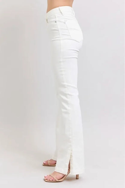 Judy Blue Full Size High Waist Side Slit Slim Bootcut Jeans Plus Size WHT / 14W WHT / 11(30) WHT / 0(24) WHT / 14W-WHT / 11(30)-WHT / 0(24)-WHT / 1(25)-WHT / 3(26)-WHT / 5(27)-WHT / 7(28)-WHT / 9(29)-WHT / 13(31)-WHT / 15(32)-WHT / 16W-WHT / 18W-WHT / 20W-WHT / 22W-WHT / 24W-