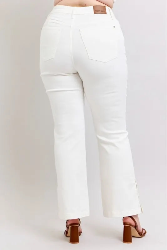 Judy Blue Full Size High Waist Side Slit Slim Bootcut Jeans Plus Size WHT / 14W WHT / 11(30) WHT / 0(24) WHT / 14W-WHT / 11(30)-WHT / 0(24)-WHT / 1(25)-WHT / 3(26)-WHT / 5(27)-WHT / 7(28)-WHT / 9(29)-WHT / 13(31)-WHT / 15(32)-WHT / 16W-WHT / 18W-WHT / 20W-WHT / 22W-WHT / 24W-