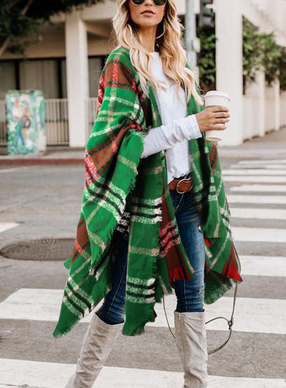 Bestshe Women's Boho Open Front Poncho Knitted Plaid Shawl Wrap Cape Tassel Cardigan Sweater