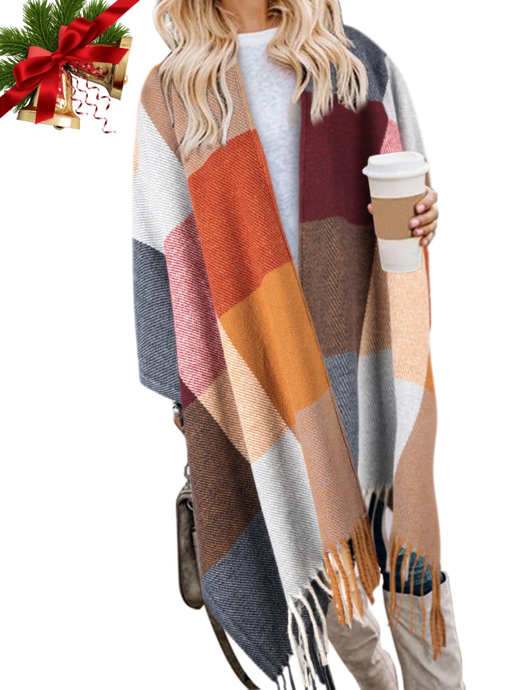 Bestshe Women's Boho Open Front Poncho Knitted Plaid Shawl Wrap Cape Tassel Cardigan Sweater