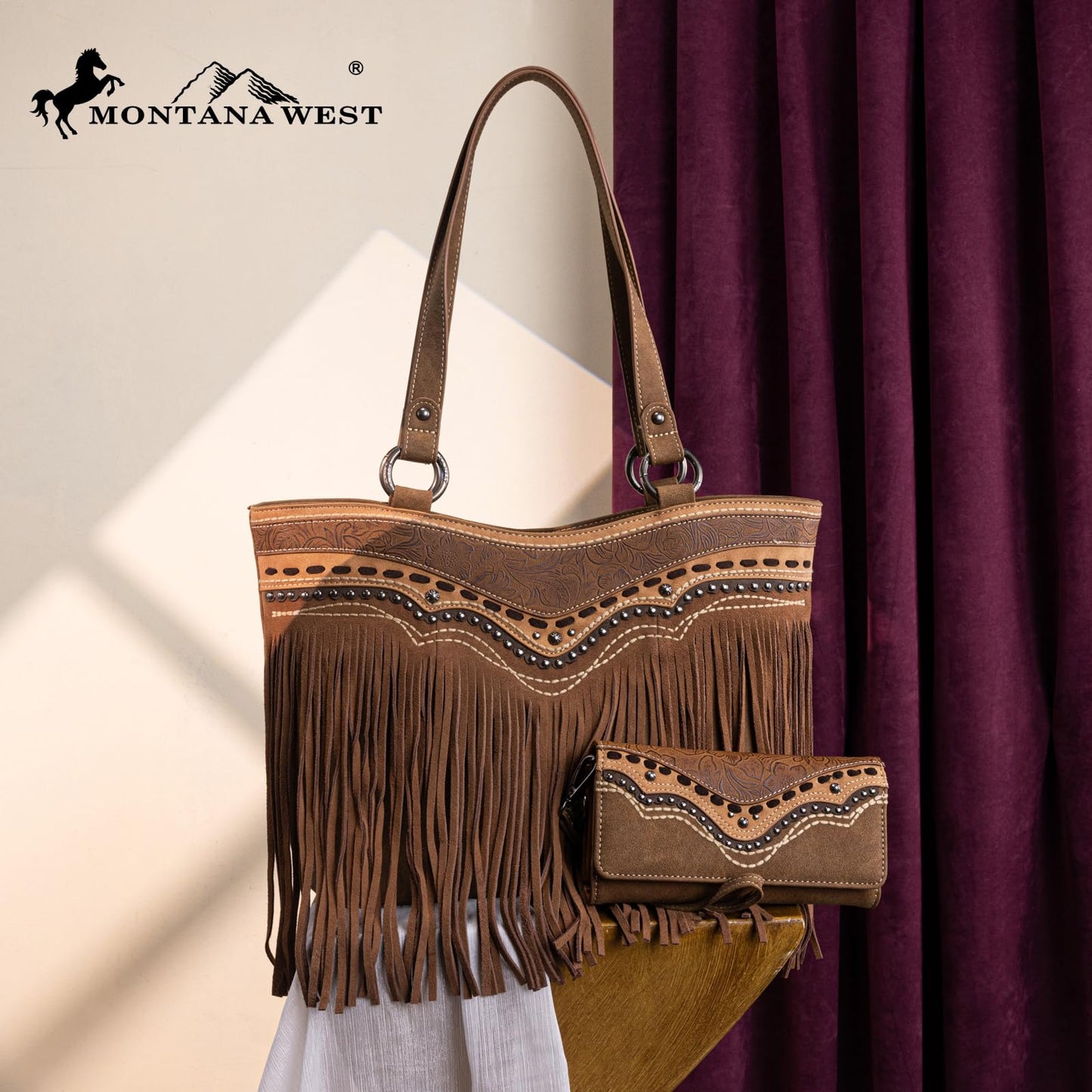 Montana West Western Tote Bag for Women Tooled Fringe Purse and Handbag with Wallet
