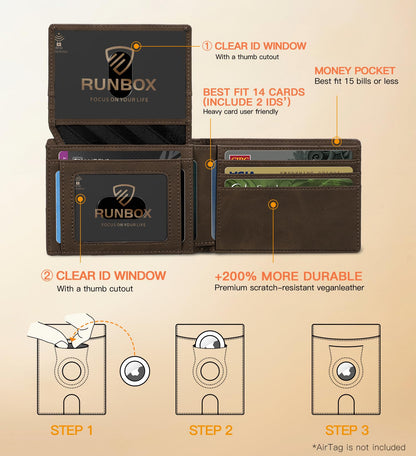 RUNBOX Wallet for Men Slim Rfid Leather 2 ID Window With Gift Box