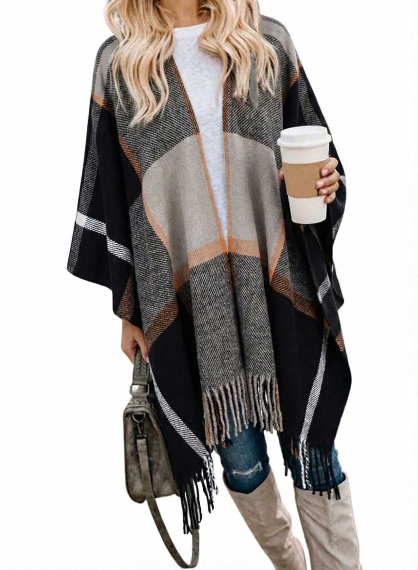 Bestshe Women's Boho Open Front Poncho Knitted Plaid Shawl Wrap Cape Tassel Cardigan Sweater