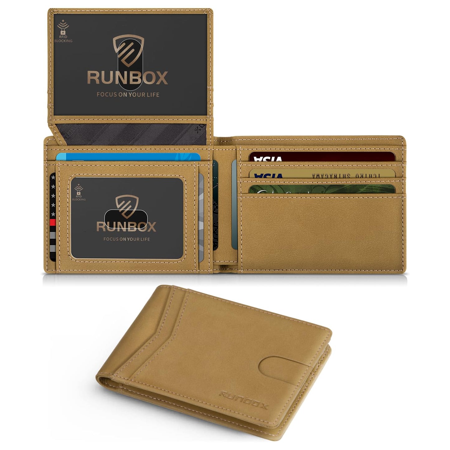 RUNBOX Wallet for Men Slim Rfid Leather 2 ID Window With Gift Box
