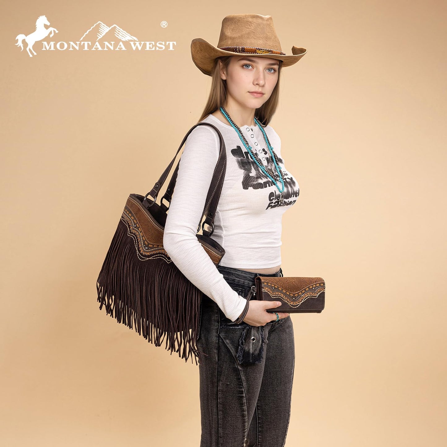 Montana West Western Tote Bag for Women Tooled Fringe Purse and Handbag with Wallet