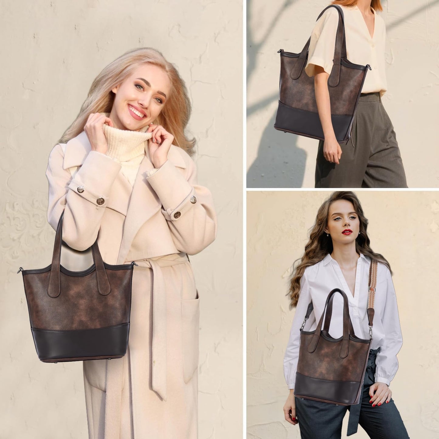 Top Handle Crossbody Bags for Women,Vegan Leather Bucket Purses for Women,Satchel Handbag with 2 Bottle Holder Pocket