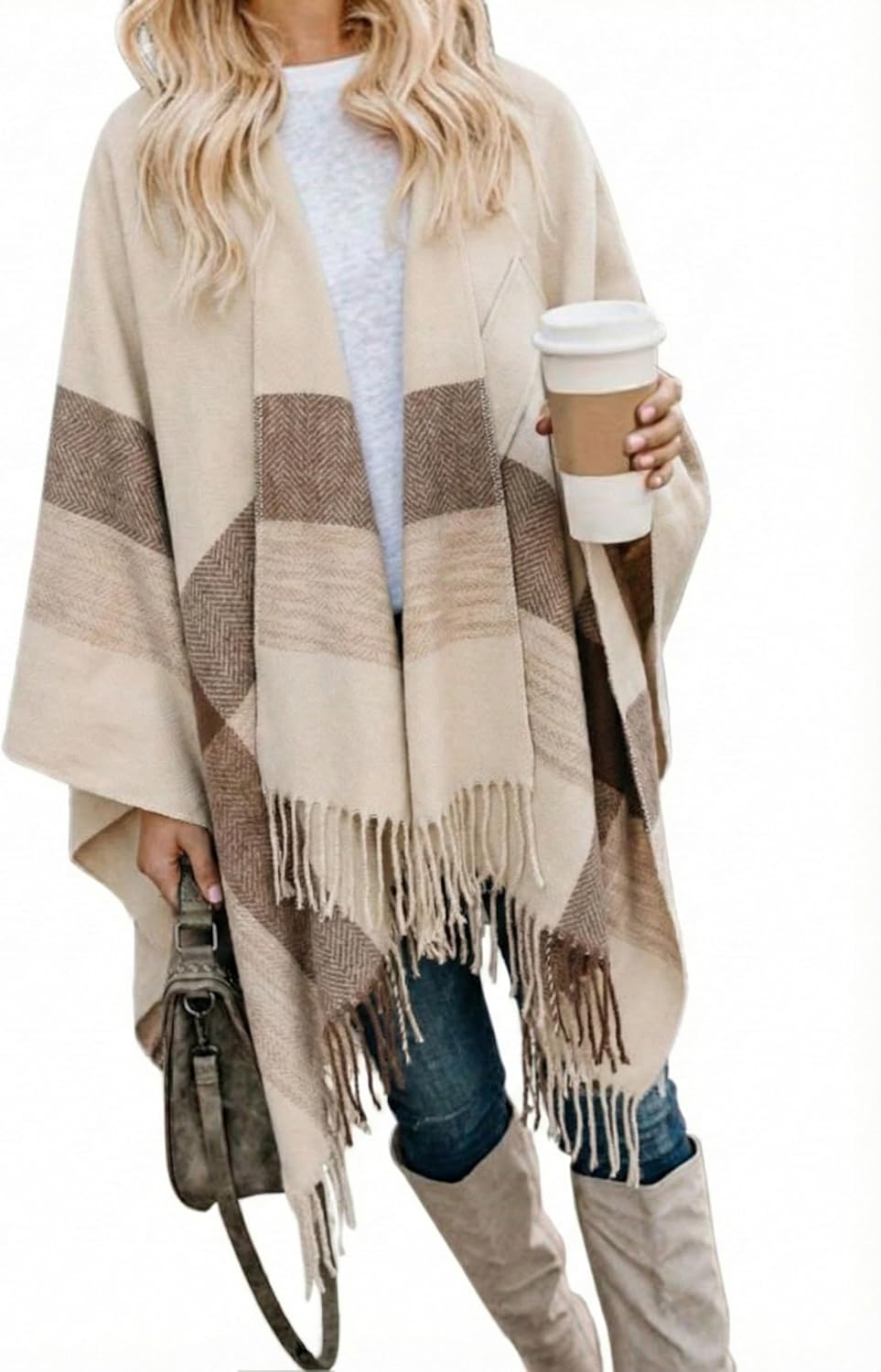 Bestshe Women's Boho Open Front Poncho Knitted Plaid Shawl Wrap Cape Tassel Cardigan Sweater