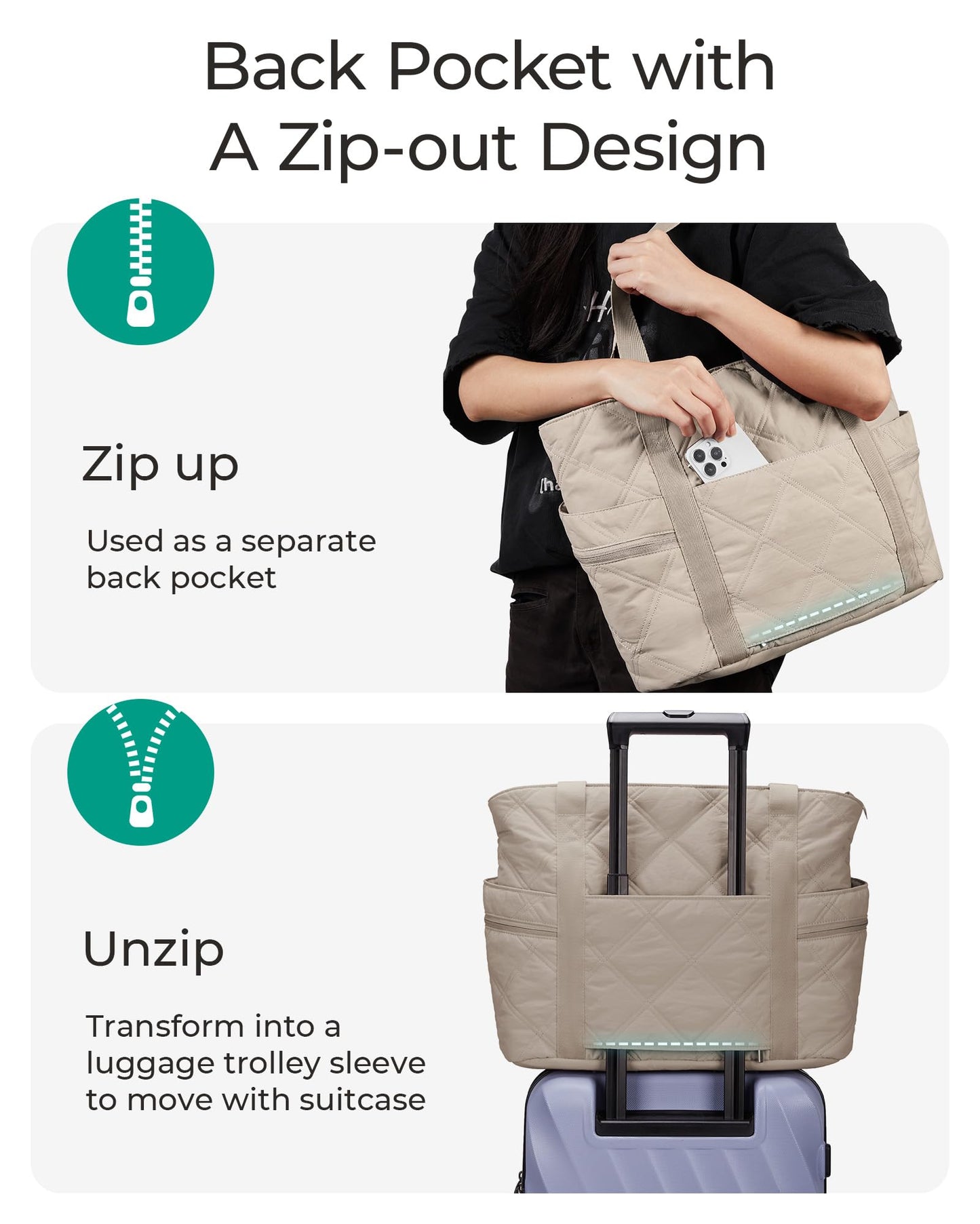 BAGSMART Crush Tote Bag for Women, 20L Puffer Work Tote with Zipper, Travel Essentials Quilted Nurse Hospital Bag