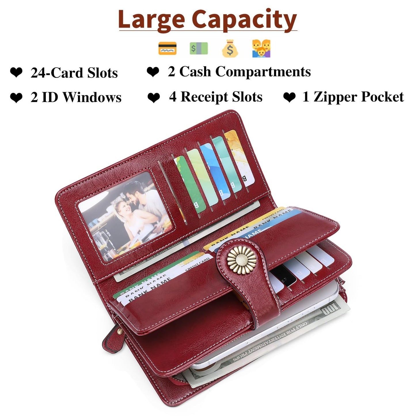 SENDEFN Wallets for Women Leather Credit Card Holder with RFID Blocking Large Capacity Wristlet