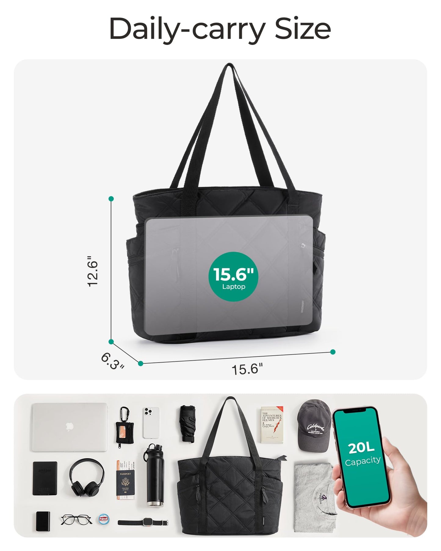 BAGSMART Crush Tote Bag for Women, 20L Puffer Work Tote with Zipper, Travel Essentials Quilted Nurse Hospital Bag