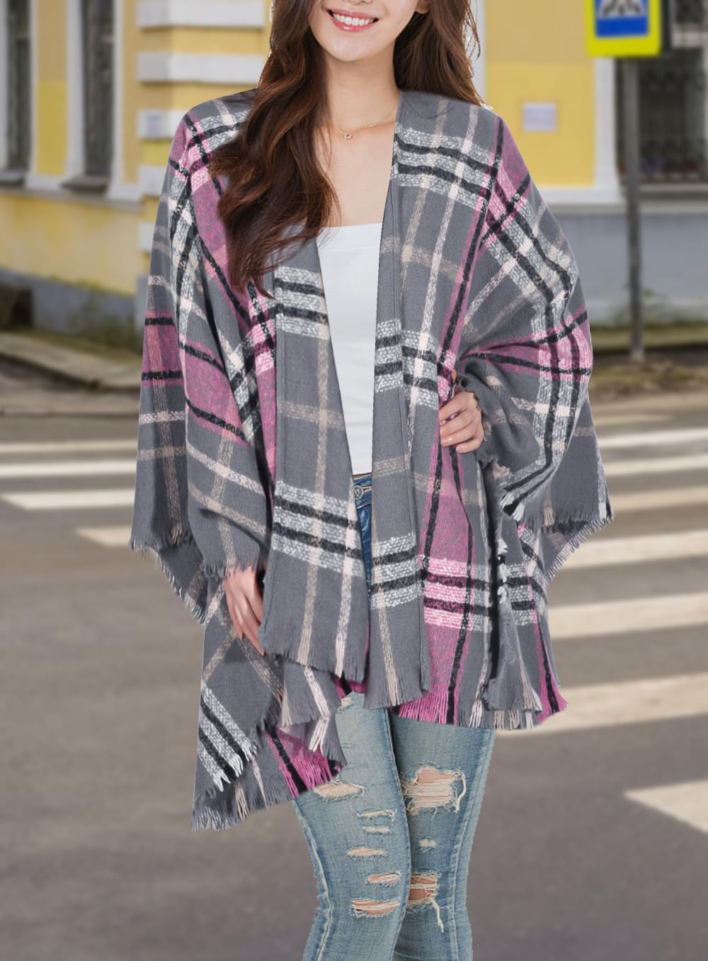 Bestshe Women's Boho Open Front Poncho Knitted Plaid Shawl Wrap Cape Tassel Cardigan Sweater