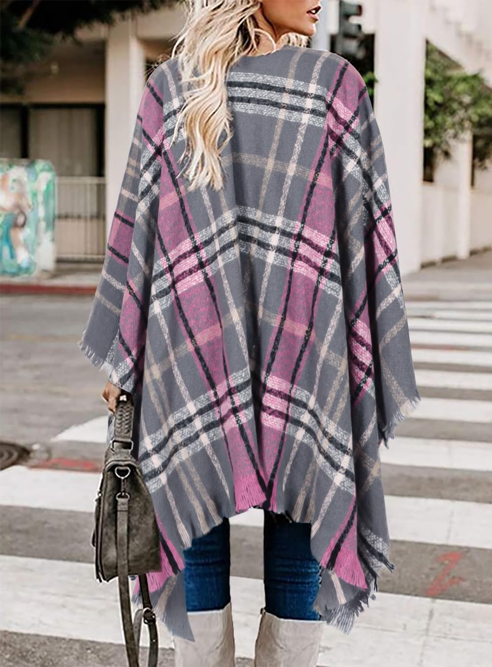 Bestshe Women's Boho Open Front Poncho Knitted Plaid Shawl Wrap Cape Tassel Cardigan Sweater