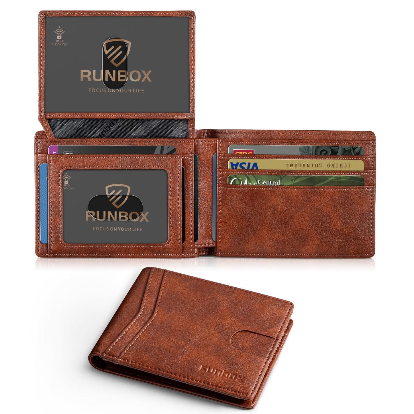 RUNBOX Wallet for Men Slim Rfid Leather 2 ID Window With Gift Box