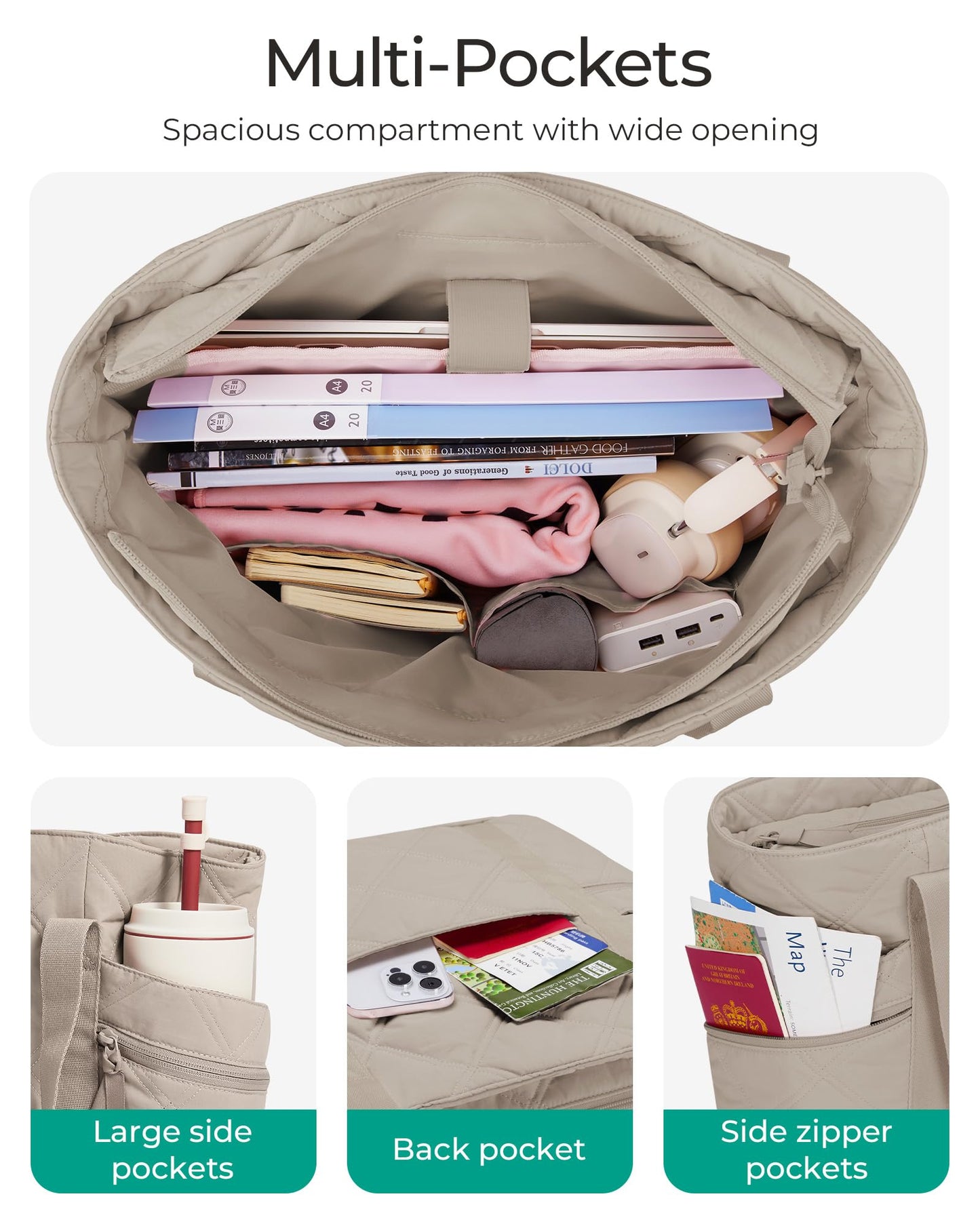 BAGSMART Crush Tote Bag for Women, 20L Puffer Work Tote with Zipper, Travel Essentials Quilted Nurse Hospital Bag