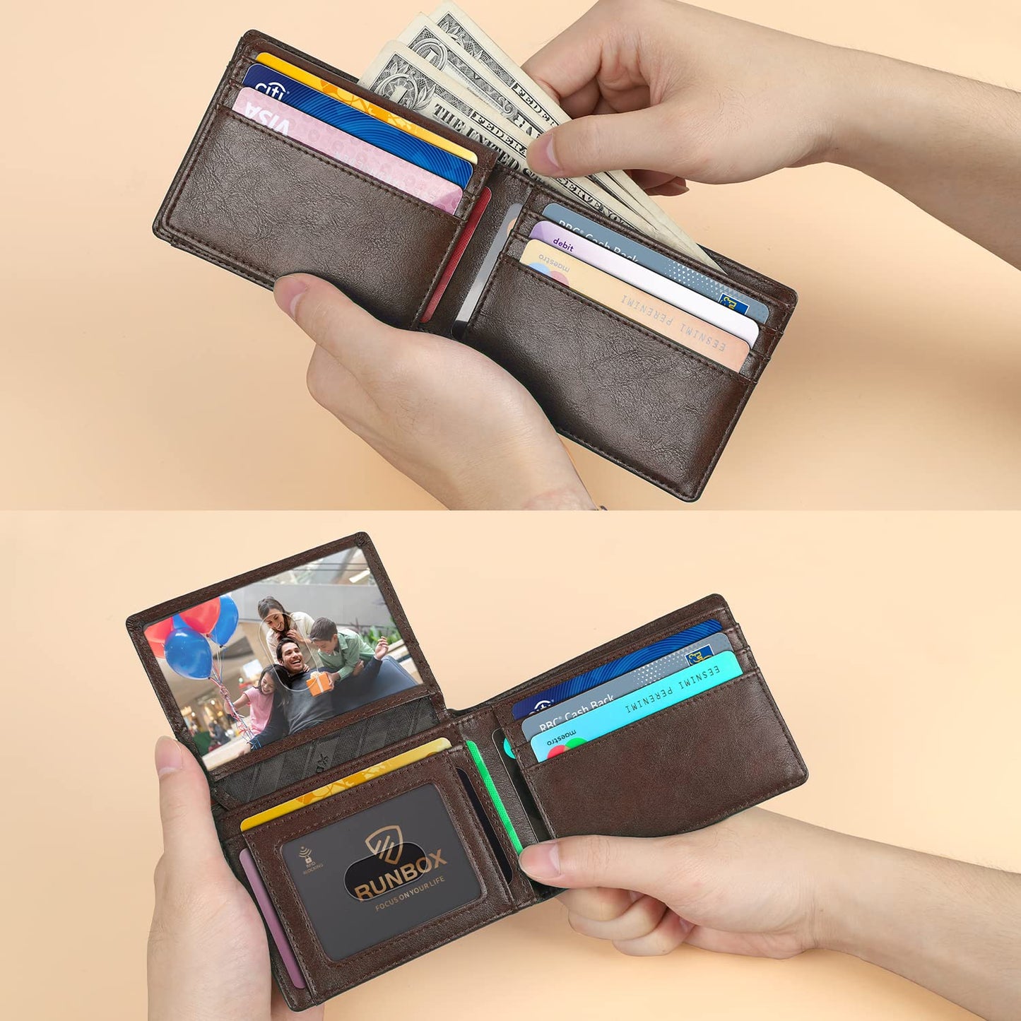 RUNBOX Wallet for Men Slim Rfid Leather 2 ID Window With Gift Box