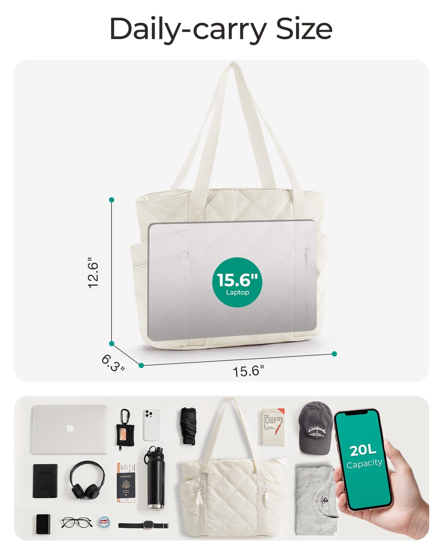 BAGSMART Crush Tote Bag for Women, 20L Puffer Work Tote with Zipper, Travel Essentials Quilted Nurse Hospital Bag