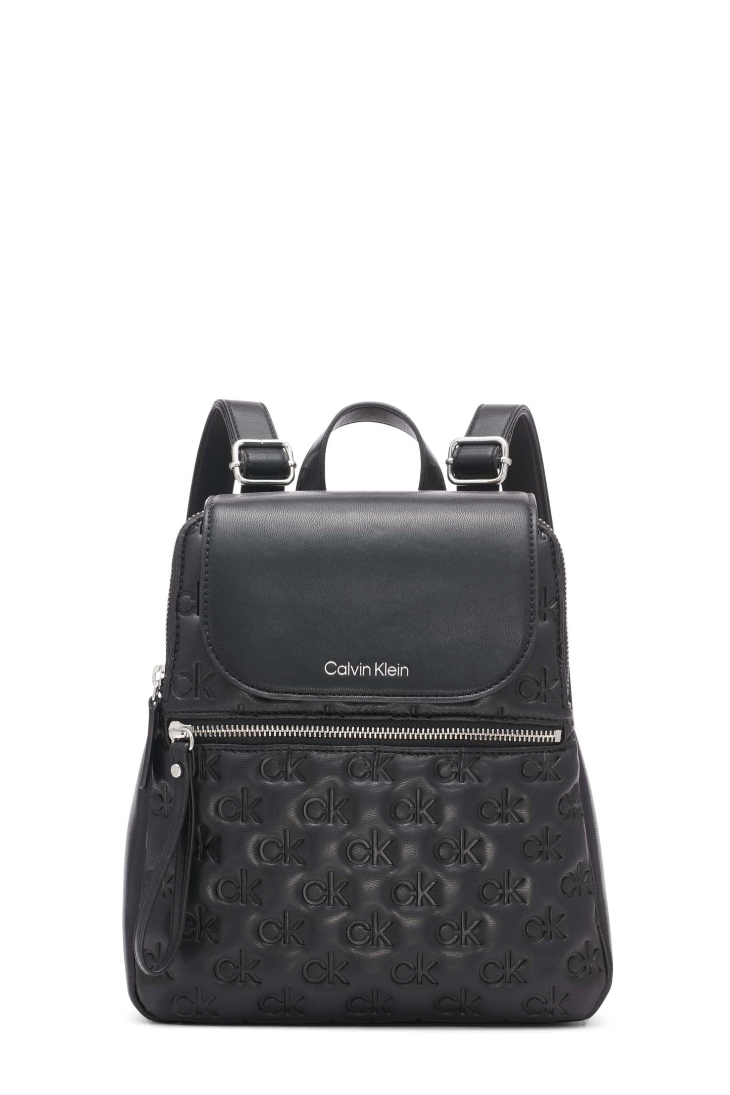 Calvin Klein Women's Elaine Signature Key Item Flap Backpack, Brown/Khaki/Luggage Saffiano, One Size