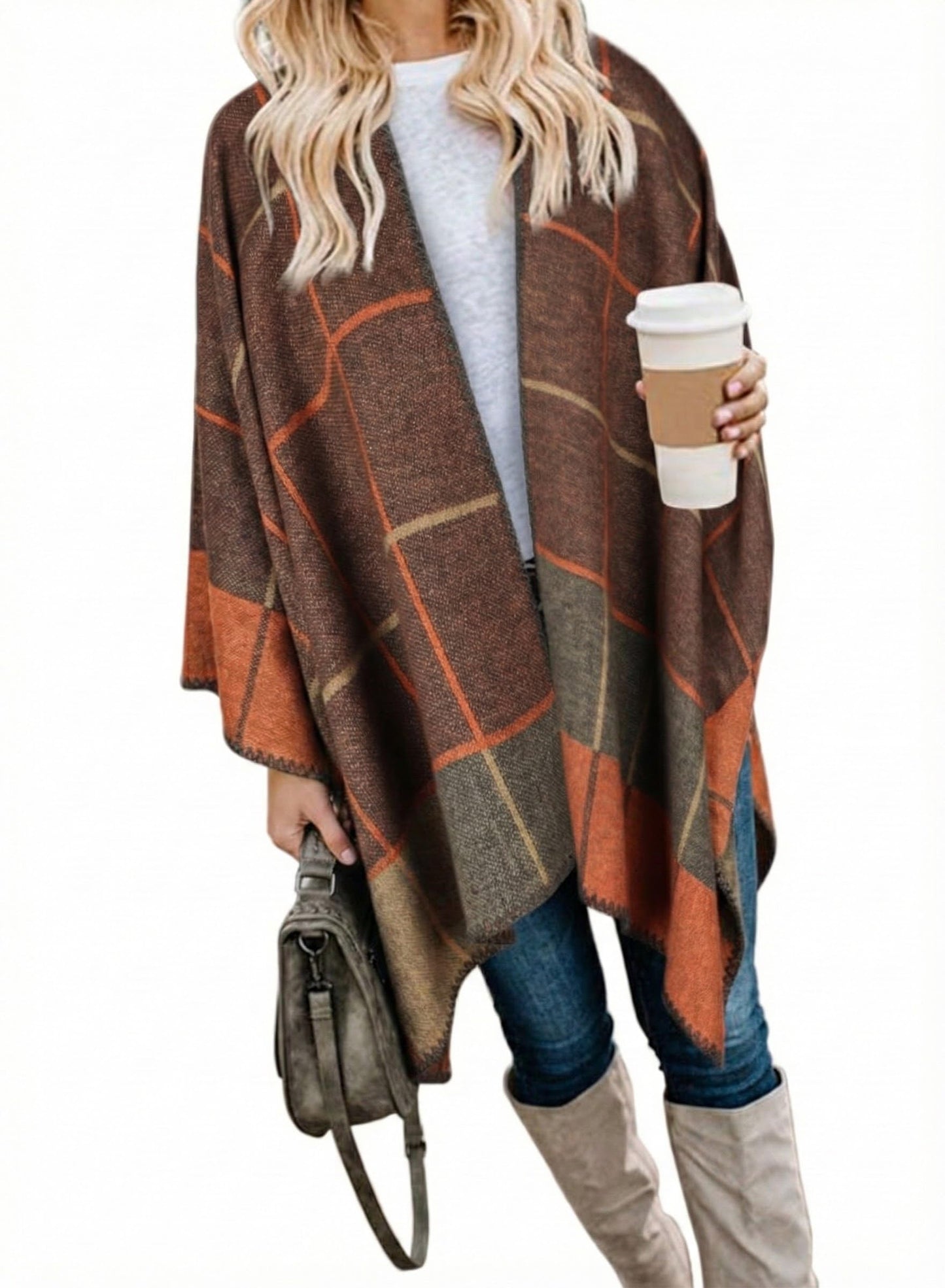 Bestshe Women's Boho Open Front Poncho Knitted Plaid Shawl Wrap Cape Tassel Cardigan Sweater