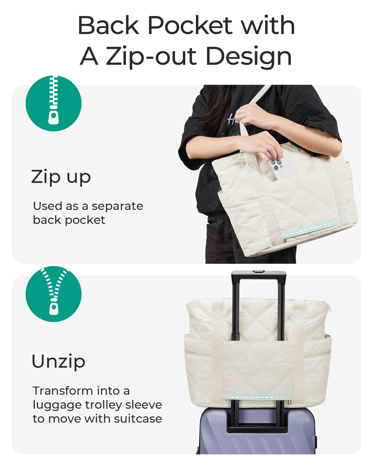 BAGSMART Crush Tote Bag for Women, 20L Puffer Work Tote with Zipper, Travel Essentials Quilted Nurse Hospital Bag